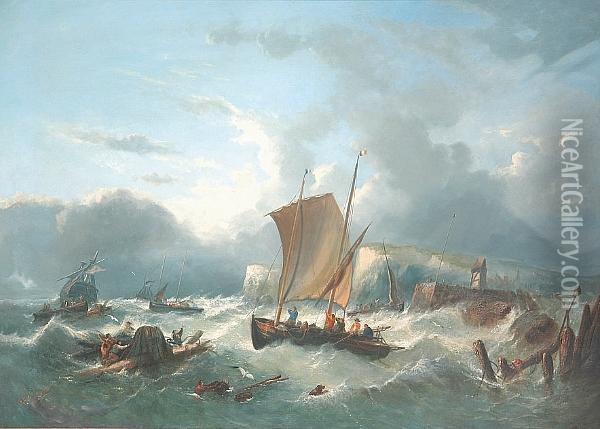 Fishing Vessels And Salvagers Off The French Coast Oil Painting - William Harry Williamson