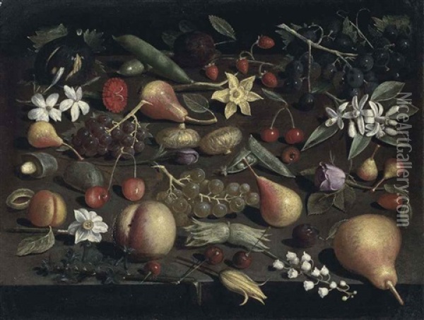Strawberries, Pears, Peas, A Peach, A Fig, An Apricot, Grapes, Cherries, Hazelnuts, A Carnation, A Daffodil, Jasmine, A Rose, Lilly-of-the-valley Oil Painting - Orsola Maddalena Caccia