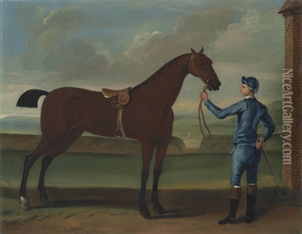 A Jockey In Blue Racing Silks And A Chestnut Racehorse In A Landscape Oil Painting - Richard Roper