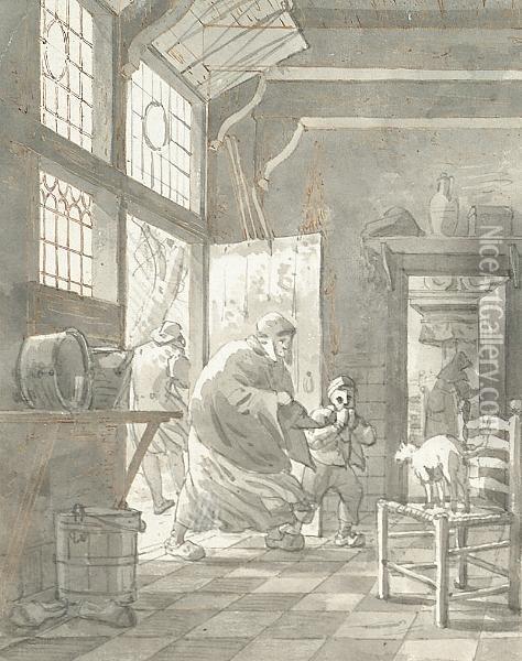 A Kitchen Interior With An Old Woman And A Young Boy Entering By The Door; A Courtyard Oil Painting - Gerrit Lamberts