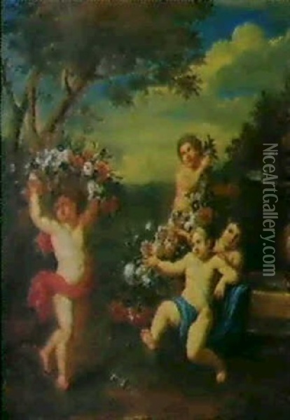 Spielende Kinder Mit Blumen Am Brunnen Eines Schlossparks Oil Painting - Nicola Casissa