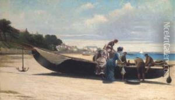 Elegantes A L'arrivee Des Pecheurs Dans La Baie Arcachon Oil Painting - Jules-Charles Aviat