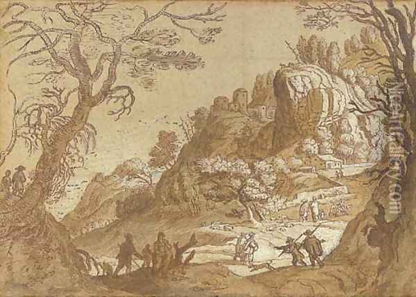 An extensive mountain landscape seen through trees, with peasants and their flocks and travellers on a road beyond Oil Painting - Matthaus the Elder Merian