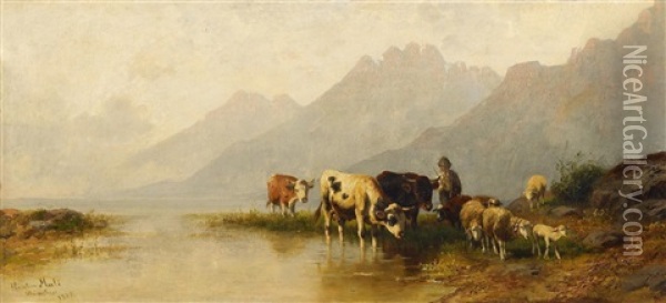 Viehherde Am Ufer Eines Gebirgssees Oil Painting - Christian Friedrich Mali