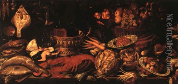 Importante Nature Morte De Fruits, De Legumes Et Avec Vase De Fleurs Oil Painting - Gommaert Van Der Gracht