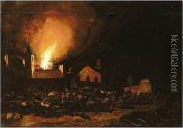 An Inferno In A Town At Night, With Townspeople Fleeing Oil Painting - Pieter Van Der Leeuw
