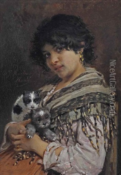 Cuddling The Puppies Oil Painting - Willem Johannes Martens