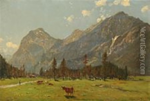 Cows Grazing On The Plains At The Achensee, Tyrol Oil Painting - Godfred Christensen