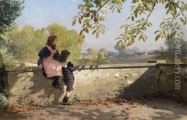 On The Terrace Oil Painting - Louis Emile Adan