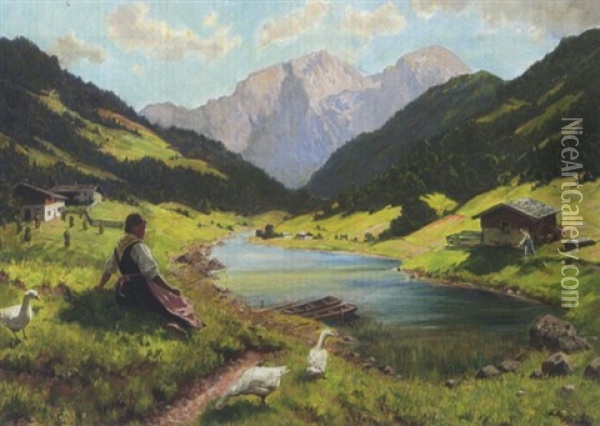 Junge Gansehirtin Am Gebirgsee Oil Painting - Emil Rau