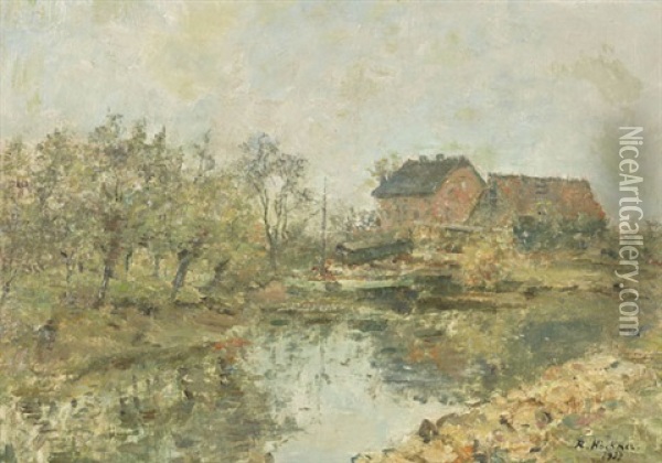 Bauerngehoft Mit Teich Oil Painting - Rudolf Hoeckner