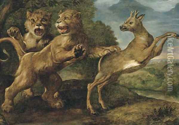 Two lions attacking a stag Oil Painting - Frans Snyders