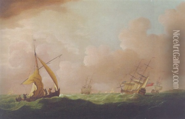 British Frigates, A Dutch Waterschip And Other Shipping In Choppy Seas Off Portsmouth (?) Oil Painting - Willem van de Velde the Elder