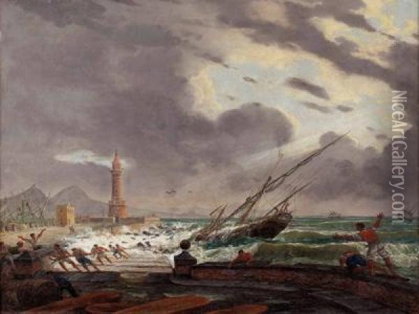 Gestrandetes Segelschiff Im Hafen Von Neapel Oil Painting - Salvatore Candido
