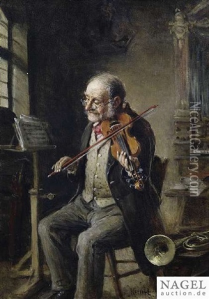 Violin Player In An Interior Oil Painting - Hermann Kern