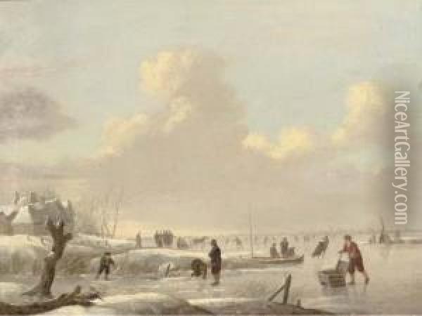 A Winter Landscape With Skaters On A Frozen River, A Tent And Atown Beyond Oil Painting - Andries Vermeulen