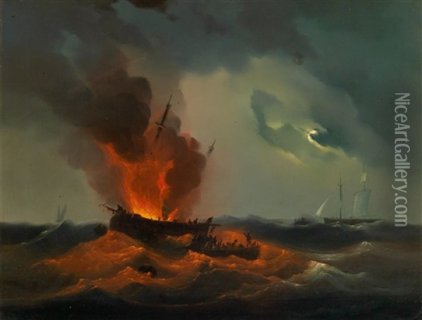 Feuer Auf Hoher See In Einer Mondnacht Oil Painting - Josef Karl Berthold Puettner