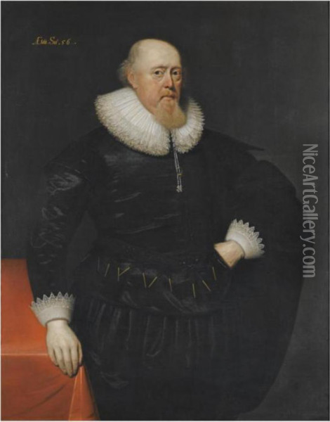 Portrait Of A Gentleman 
Three-quarter Length, Standing Beside A Table, Wearing A Black Suit With
 Lace Ruff And Cuffs Oil Painting - Cornelius Jonson