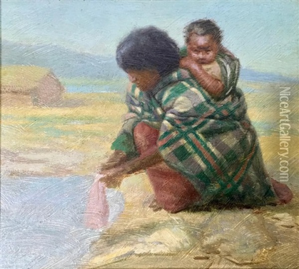 Maori Woman Washing Clothes In A Warm Pool, Whakarewarewa Oil Painting - Charles Frederick Goldie