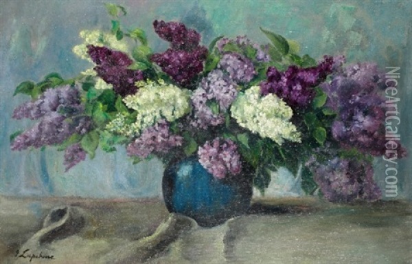 Lilacs In A Blue Vase Oil Painting - Georgi Alexandrovich Lapchine