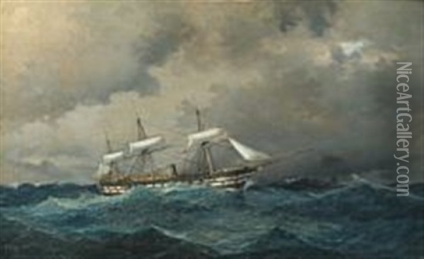 Seascape With Navy Ship In Heavy Seas Oil Painting - Carl Julius Emil Olsen
