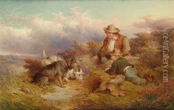 Terriers Rabbiting; Spaniels In A Landscape Oil Painting - Paul Jones