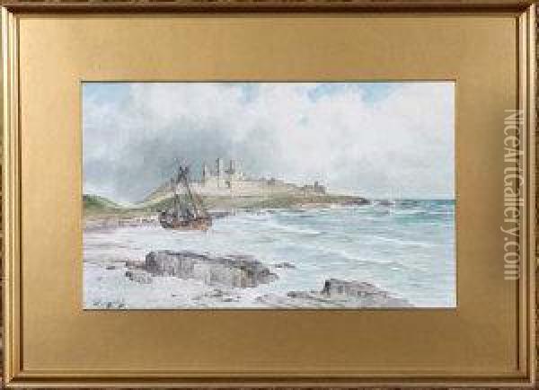 A Dismasted Brig Beached Near Dunstanburgh Castle Oil Painting - Thomas Swift Hutton