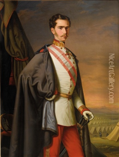 Emperor Franz Joseph I Of Austria, In The Uniform As A Fieldmarschall, In The Backround A Camp Oil Painting - Carl Lemmermayer