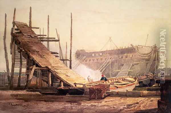 A Shipyard at Blackwall Oil Painting - Samuel Prout