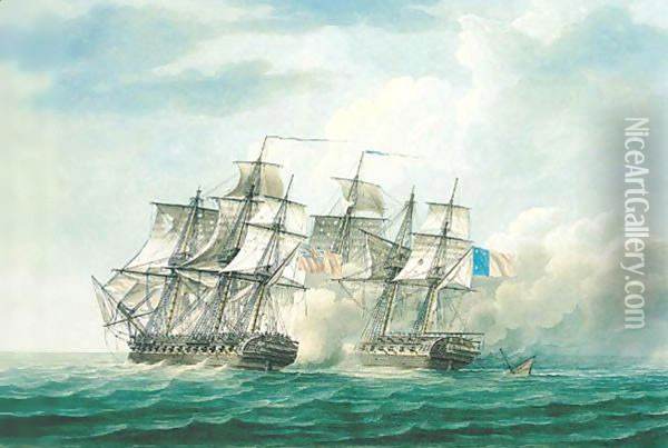 Frigate Action During The Napoleonic War Oil Painting - Thomas Buttersworth