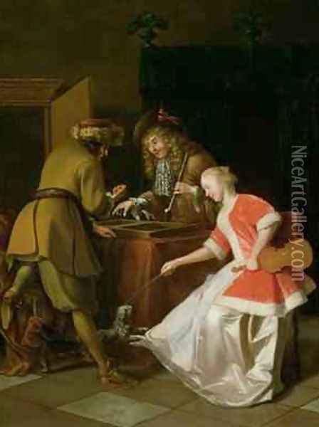 Trictrac Players with a Lady and Her Dog Oil Painting - Jacob Ochtervelt