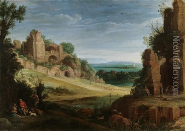 A Rocky Landscape With A Hunting Party Near Roman Ruins Oil Painting - Paul Bril