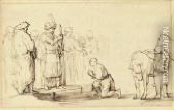 A Man Kneeling Before Men With Turbans Oil Painting - Samuel Van Hoogstraten