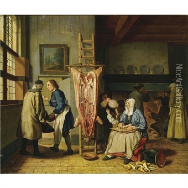 Interior Of A Butcher's Home, With A Slaughtered Pig, A Woman Cleaning Carrots, A Little Boy Blowing On The Bladder, And Figures Near A Fireplace Oil Painting - Jan Josef Horemans the Younger