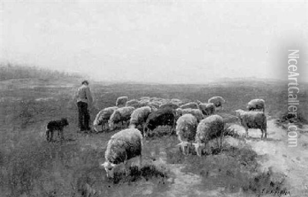 A Shepherd And Flock On A Heath Oil Painting - Fedor Van Kregten