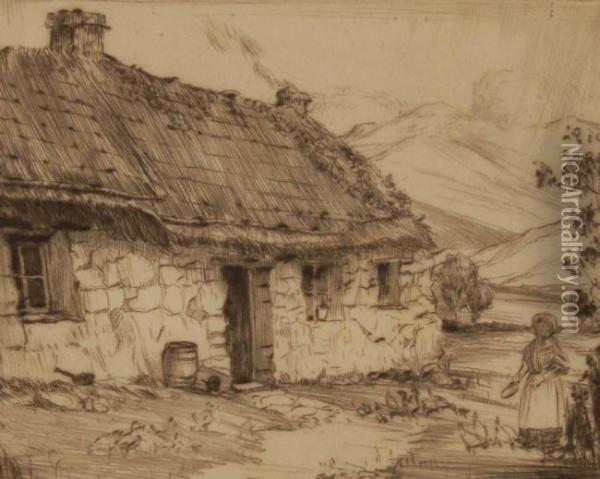 A Crofter's Cottage In The Highlands Oil Painting - Alfred Bennett