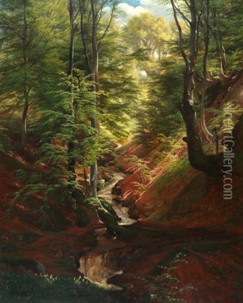 A Creek In A Forest In Springtime Oil Painting - Carl Frederik Peder Aagaard