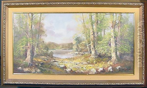 A Wooded Landscape With A Lake Oil Painting - Christopher S. German