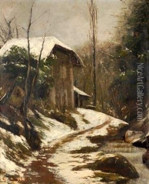 Sentier En Foret Sous La Neige (collab. W/cherubino Pata) Oil Painting - Gustave Courbet