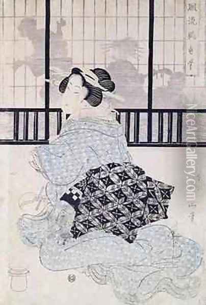 A Courtisan with a Shamisen Oil Painting - Kikukawa Eizan