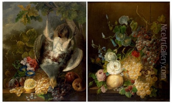 Nature Morte De Fleurs Et Grappes De Raisins, Nature Morte A La Perdrix, Aux Fruits Et Fleurs (2 Works) Oil Painting - Jan Van Der Waarden