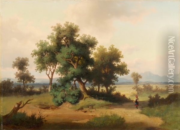 Weite Landschaft Mit Spaziergangerin Oil Painting - Charles Louis Guigon