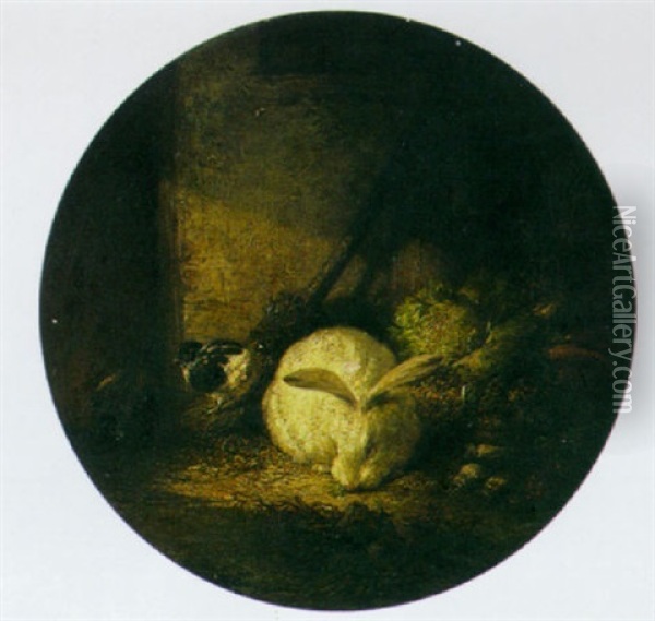 A Stable Interior With A Bunny, A Chick And Vegetables Oil Painting - Auguste Joseph Delessard