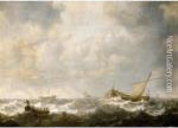 A Rowing Boat, A Small Sailing Vessel And Other Ships In Heavy Seas Oil Painting - Jan Porcellis