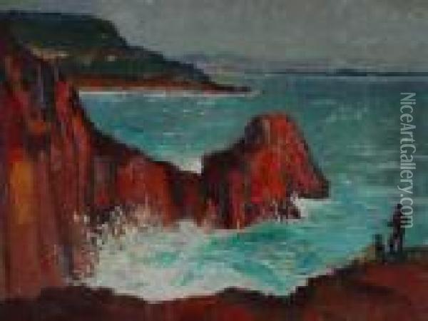 Rocky Coast Scene With Waves Breaking On Cliffs Oil Painting - John William Gilroy