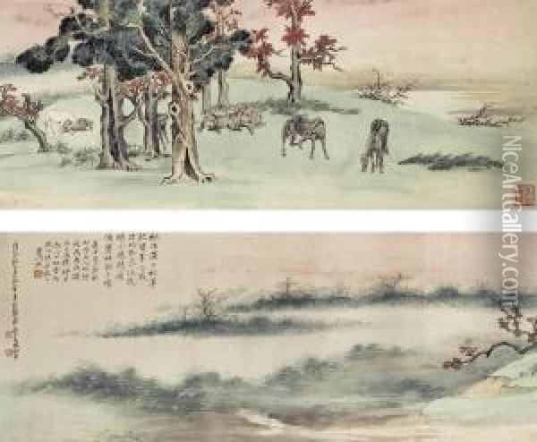 Horses In The Autumn Countryside Oil Painting - Zhang Shanzi