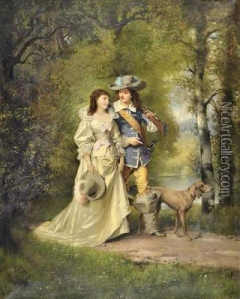 Couple Chassant Oil Painting - Theodore Levigne