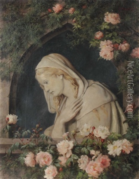 Sinnendes Madchen Im Rosenfenster Oil Painting - Louise Ehrler