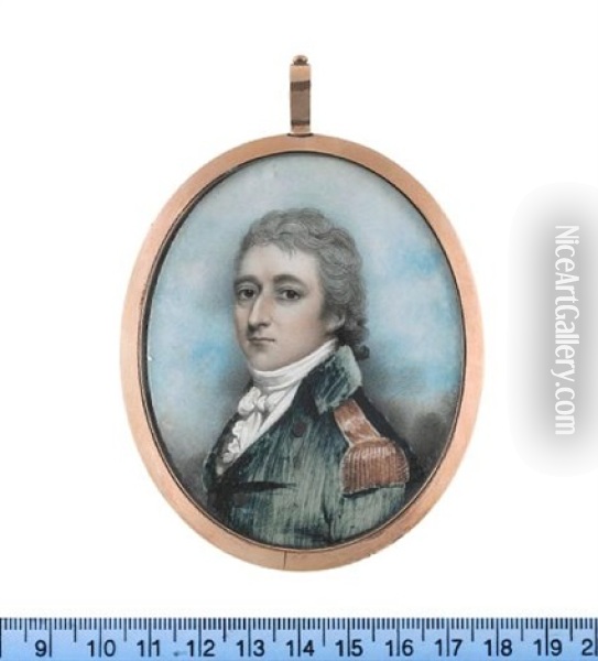 A Naval Officer, Wearing Blue Coat With Gold Epaulette, White Waistcoat, Frilled Chemise, Stock And Cravat, His Powdered Hair Tied With A Black Ribbon Bow Oil Painting - Andrew Plimer