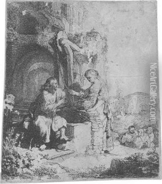 Christ And The Woman Of Samaria Among Ruins (b., Holl.71; H.122; Bb.34-l) Oil Painting - Rembrandt Van Rijn